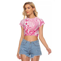 Personalised Memorial Pink Breast Cancer Awareness Raglan Cropped T Shirt Plumeria Floral Tribal Pattern LT05 Female Pink - Polynesian Pride