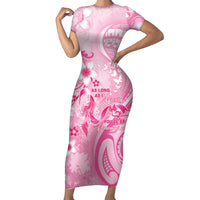 Personalised Memorial Pink Breast Cancer Awareness Short Sleeve Bodycon Dress Plumeria Floral Tribal Pattern LT05 Long Dress Pink - Polynesian Pride