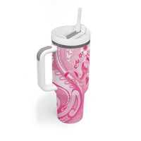 Personalised Memorial Pink Breast Cancer Awareness Tumbler With Handle Plumeria Floral Tribal Pattern LT05 - Polynesian Pride