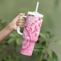 Personalised Memorial Pink Breast Cancer Awareness Tumbler With Handle Plumeria Floral Tribal Pattern LT05 - Polynesian Pride