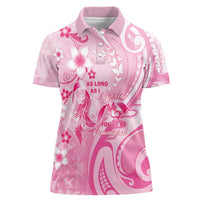 Personalised Memorial Pink Breast Cancer Awareness Women Polo Shirt Plumeria Floral Tribal Pattern - Polynesian Pride