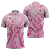Personalised Memorial Pink Breast Cancer Awareness Zipper Polo Shirt Plumeria Floral Tribal Pattern LT05 - Polynesian Pride