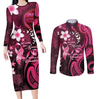 Personalised Memorial Breast Cancer Awareness Couples Matching Long Sleeve Bodycon Dress and Long Sleeve Button Shirt Plumeria Floral Tribal Pattern LT05 Black - Polynesian Pride