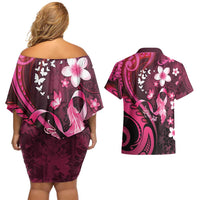Personalised Memorial Breast Cancer Awareness Couples Matching Off Shoulder Short Dress and Hawaiian Shirt Plumeria Floral Tribal Pattern LT05 - Polynesian Pride
