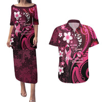 Personalised Memorial Breast Cancer Awareness Couples Matching Puletasi and Hawaiian Shirt Plumeria Floral Tribal Pattern LT05 Black - Polynesian Pride