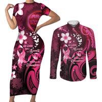 Personalised Memorial Breast Cancer Awareness Couples Matching Short Sleeve Bodycon Dress and Long Sleeve Button Shirt Plumeria Floral Tribal Pattern LT05 Black - Polynesian Pride