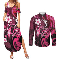 Personalised Memorial Breast Cancer Awareness Couples Matching Summer Maxi Dress and Long Sleeve Button Shirt Plumeria Floral Tribal Pattern LT05 Black - Polynesian Pride