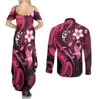 Personalised Memorial Breast Cancer Awareness Couples Matching Summer Maxi Dress and Long Sleeve Button Shirt Plumeria Floral Tribal Pattern LT05 - Polynesian Pride