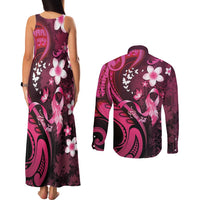 Personalised Memorial Breast Cancer Awareness Couples Matching Tank Maxi Dress and Long Sleeve Button Shirt Plumeria Floral Tribal Pattern LT05 - Polynesian Pride