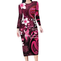 Personalised Memorial Breast Cancer Awareness Family Matching Long Sleeve Bodycon Dress and Hawaiian Shirt Plumeria Floral Tribal Pattern LT05 Mom's Dress Black - Polynesian Pride