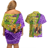 Personalised Hawaii Mardi Gras Couples Matching Off Shoulder Short Dress and Hawaiian Shirt Polynesian Pattern With Glitter Style LT05 - Polynesian Pride