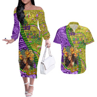 Personalised Hawaii Mardi Gras Couples Matching Off The Shoulder Long Sleeve Dress and Hawaiian Shirt Polynesian Pattern With Glitter Style LT05 Yellow - Polynesian Pride