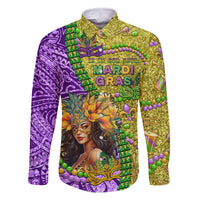 Personalised Hawaii Mardi Gras Family Matching Mermaid Dress and Hawaiian Shirt Polynesian Pattern With Glitter Style LT05 Dad's Shirt - Long Sleeve Yellow - Polynesian Pride