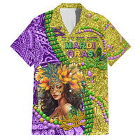 Personalised Hawaii Mardi Gras Family Matching Off Shoulder Maxi Dress and Hawaiian Shirt Polynesian Pattern With Glitter Style LT05 Dad's Shirt - Short Sleeve Yellow - Polynesian Pride