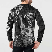 Hawaii Ukulele Button Sweatshirt Polynesian Pattern Mix Hibiscus Black Version LT05