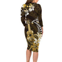 Hawaii Ukulele Family Matching Long Sleeve Bodycon Dress and Hawaiian Shirt Polynesian Pattern Mix Hibiscus Gold Version LT05 - Polynesian Pride