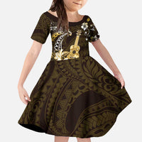 Hawaii Ukulele Family Matching Off The Shoulder Long Sleeve Dress and Hawaiian Shirt Polynesian Pattern Mix Hibiscus Gold Version LT05 Daughter's Dress Gold - Polynesian Pride