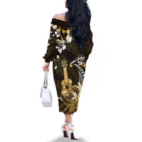 Hawaii Ukulele Family Matching Off The Shoulder Long Sleeve Dress and Hawaiian Shirt Polynesian Pattern Mix Hibiscus Gold Version LT05 - Polynesian Pride