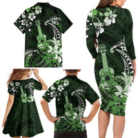 Hawaii Ukulele Family Matching Long Sleeve Bodycon Dress and Hawaiian Shirt Polynesian Pattern Mix Hibiscus Green Version LT05 - Polynesian Pride