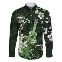 Hawaii Ukulele Family Matching Mermaid Dress and Hawaiian Shirt Polynesian Pattern Mix Hibiscus Green Version LT05 Dad's Shirt - Long Sleeve Green - Polynesian Pride