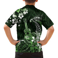 Hawaii Ukulele Family Matching Off The Shoulder Long Sleeve Dress and Hawaiian Shirt Polynesian Pattern Mix Hibiscus Green Version LT05 - Polynesian Pride