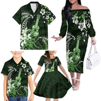 Hawaii Ukulele Family Matching Off The Shoulder Long Sleeve Dress and Hawaiian Shirt Polynesian Pattern Mix Hibiscus Green Version LT05 - Polynesian Pride