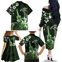 Hawaii Ukulele Family Matching Off The Shoulder Long Sleeve Dress and Hawaiian Shirt Polynesian Pattern Mix Hibiscus Green Version LT05 - Polynesian Pride