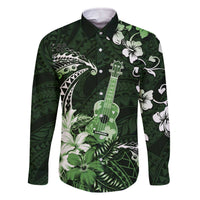 Hawaii Ukulele Family Matching Off The Shoulder Long Sleeve Dress and Hawaiian Shirt Polynesian Pattern Mix Hibiscus Green Version LT05 Dad's Shirt - Long Sleeve Green - Polynesian Pride