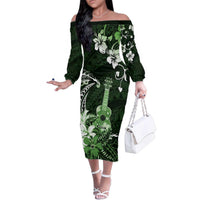 Hawaii Ukulele Family Matching Off The Shoulder Long Sleeve Dress and Hawaiian Shirt Polynesian Pattern Mix Hibiscus Green Version LT05 Mom's Dress Green - Polynesian Pride