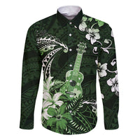 Hawaii Ukulele Family Matching Short Sleeve Bodycon Dress and Hawaiian Shirt Polynesian Pattern Mix Hibiscus Green Version LT05 Dad's Shirt - Long Sleeve Green - Polynesian Pride