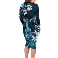 Hawaii Ukulele Family Matching Long Sleeve Bodycon Dress and Hawaiian Shirt Polynesian Pattern Mix Hibiscus Blue Version LT05 - Polynesian Pride