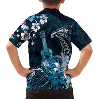 Hawaii Ukulele Family Matching Off The Shoulder Long Sleeve Dress and Hawaiian Shirt Polynesian Pattern Mix Hibiscus Blue Version LT05 - Polynesian Pride