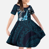 Hawaii Ukulele Family Matching Off The Shoulder Long Sleeve Dress and Hawaiian Shirt Polynesian Pattern Mix Hibiscus Blue Version LT05 Daughter's Dress Blue - Polynesian Pride