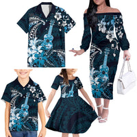Hawaii Ukulele Family Matching Off The Shoulder Long Sleeve Dress and Hawaiian Shirt Polynesian Pattern Mix Hibiscus Blue Version LT05 - Polynesian Pride