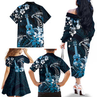 Hawaii Ukulele Family Matching Off The Shoulder Long Sleeve Dress and Hawaiian Shirt Polynesian Pattern Mix Hibiscus Blue Version LT05 - Polynesian Pride