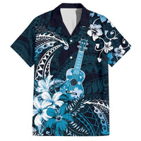 Hawaii Ukulele Family Matching Off The Shoulder Long Sleeve Dress and Hawaiian Shirt Polynesian Pattern Mix Hibiscus Blue Version LT05 Dad's Shirt - Short Sleeve Blue - Polynesian Pride