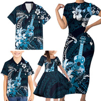 Hawaii Ukulele Family Matching Short Sleeve Bodycon Dress and Hawaiian Shirt Polynesian Pattern Mix Hibiscus Blue Version LT05 - Polynesian Pride