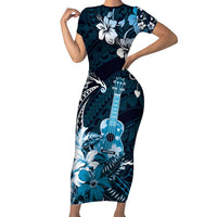 Hawaii Ukulele Family Matching Short Sleeve Bodycon Dress and Hawaiian Shirt Polynesian Pattern Mix Hibiscus Blue Version LT05 Mom's Dress Blue - Polynesian Pride