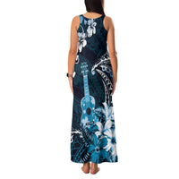 Hawaii Ukulele Family Matching Tank Maxi Dress and Hawaiian Shirt Polynesian Pattern Mix Hibiscus Blue Version LT05