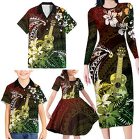 Hawaii Ukulele Family Matching Long Sleeve Bodycon Dress and Hawaiian Shirt Polynesian Pattern Mix Hibiscus Reggae Version LT05 - Polynesian Pride