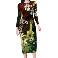 Hawaii Ukulele Family Matching Long Sleeve Bodycon Dress and Hawaiian Shirt Polynesian Pattern Mix Hibiscus Reggae Version LT05 Mom's Dress Reggae - Polynesian Pride