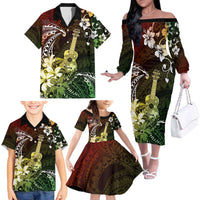 Hawaii Ukulele Family Matching Off The Shoulder Long Sleeve Dress and Hawaiian Shirt Polynesian Pattern Mix Hibiscus Reggae Version LT05 - Polynesian Pride