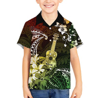 Hawaii Ukulele Family Matching Off The Shoulder Long Sleeve Dress and Hawaiian Shirt Polynesian Pattern Mix Hibiscus Reggae Version LT05 Son's Shirt Reggae - Polynesian Pride