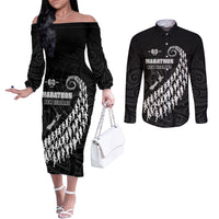 Custom New Zealand Marathon Couples Matching Off The Shoulder Long Sleeve Dress and Long Sleeve Button Shirt Maori Style LT05 Black - Polynesian Pride
