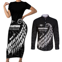 Custom New Zealand Marathon Couples Matching Short Sleeve Bodycon Dress and Long Sleeve Button Shirt Maori Style LT05 Black - Polynesian Pride