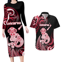 Personalised New Zealand Maori Taniwha Couples Matching Long Sleeve Bodycon Dress and Hawaiian Shirt Silver Fern Red Version LT05 Red - Polynesian Pride