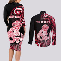 Personalised New Zealand Maori Taniwha Couples Matching Long Sleeve Bodycon Dress and Long Sleeve Button Shirt Silver Fern Red Version LT05 - Polynesian Pride
