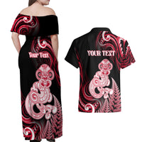 Personalised New Zealand Maori Taniwha Couples Matching Off Shoulder Maxi Dress and Hawaiian Shirt Silver Fern Red Version LT05 - Polynesian Pride