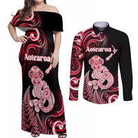 Personalised New Zealand Maori Taniwha Couples Matching Off Shoulder Maxi Dress and Long Sleeve Button Shirt Silver Fern Red Version LT05 Red - Polynesian Pride