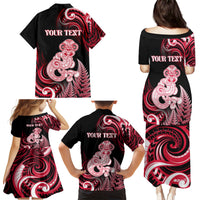Personalised New Zealand Maori Taniwha Family Matching Puletasi and Hawaiian Shirt Silver Fern Red Version LT05 - Polynesian Pride